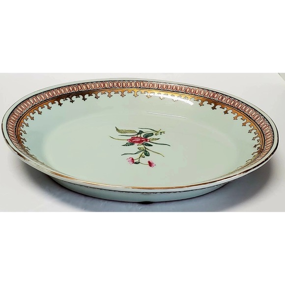 Antique Chinese Rose Medallion Porcelain Leaf Dish – 7.5 VTG Chinese Export Porcelain Signed Platter Gold Leafing Rose Theme w Wood Stand